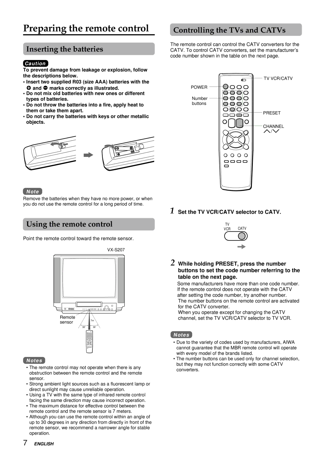 Aiwa VX-S137U, VX-S207U manual Preparing the remote control, Inserting the batteries, Using the remote control 