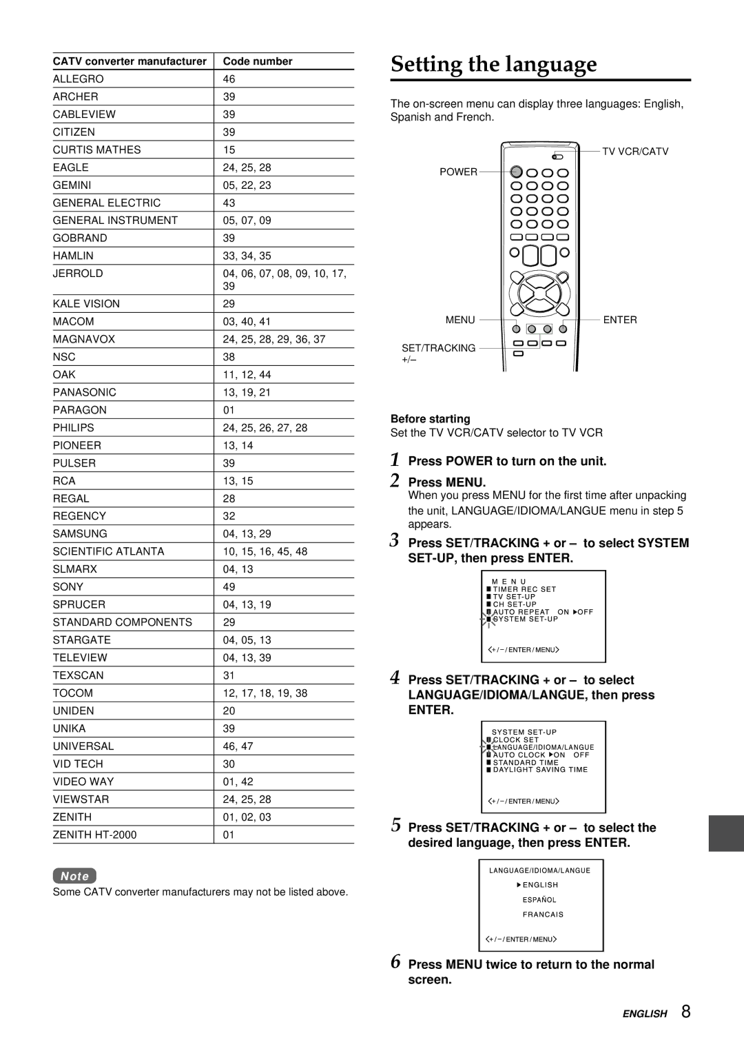 Aiwa VX-S207U, VX-S137U manual Setting the language, Press Power to turn on the unit Press Menu, Before starting 