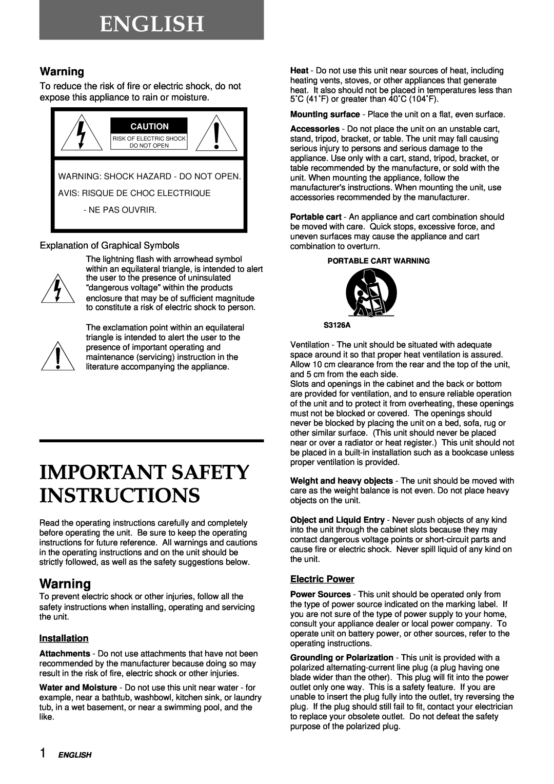 Aiwa VX-S137U manual English, Important Safety Instructions, Explanation of Graphical Symbols, Installation, Electric Power 