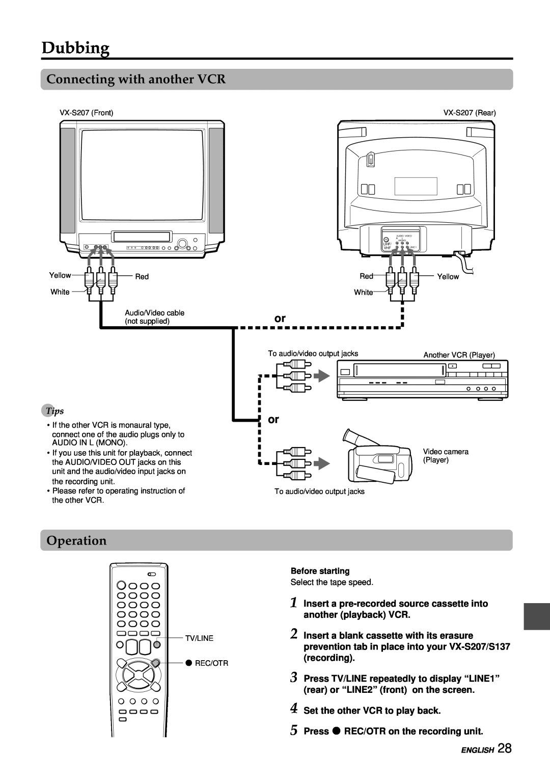 Aiwa VX-S207U, VX-S137U manual Dubbing, Connecting with another VCR, Operation, Tips, Set the other VCR to play back 