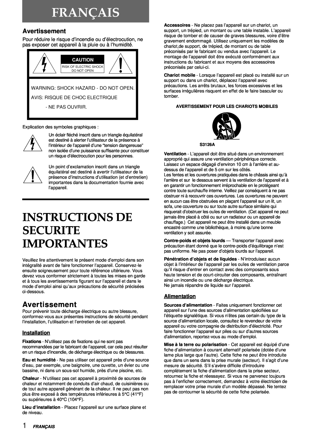 Aiwa VX-S137U, VX-S207U manual Français, Instructions De Securite Importantes, Avertissement, Installation, Alimentation 