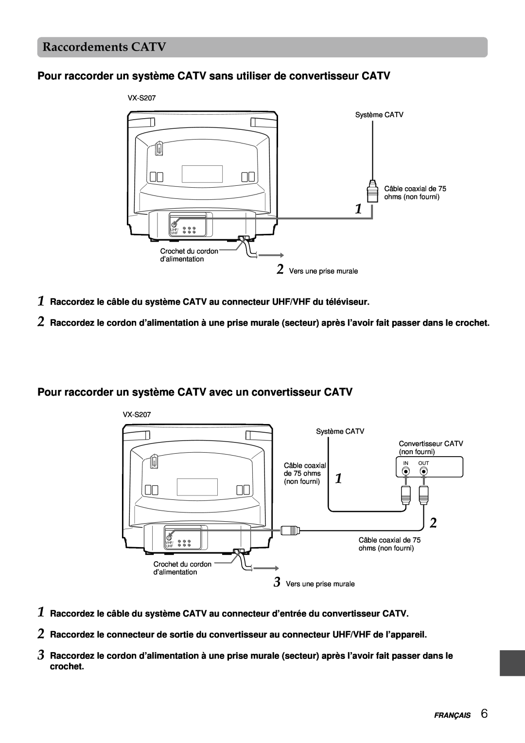 Aiwa VX-S207U, VX-S137U manual Raccordements CATV, Pour raccorder un systè me CATV sans utiliser de convertisseur CATV 