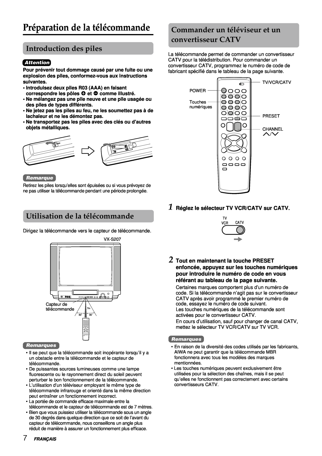 Aiwa VX-S137U Préparation de la télécommande, Introduction des piles, Commander un téléviseur et un convertisseur CATV 