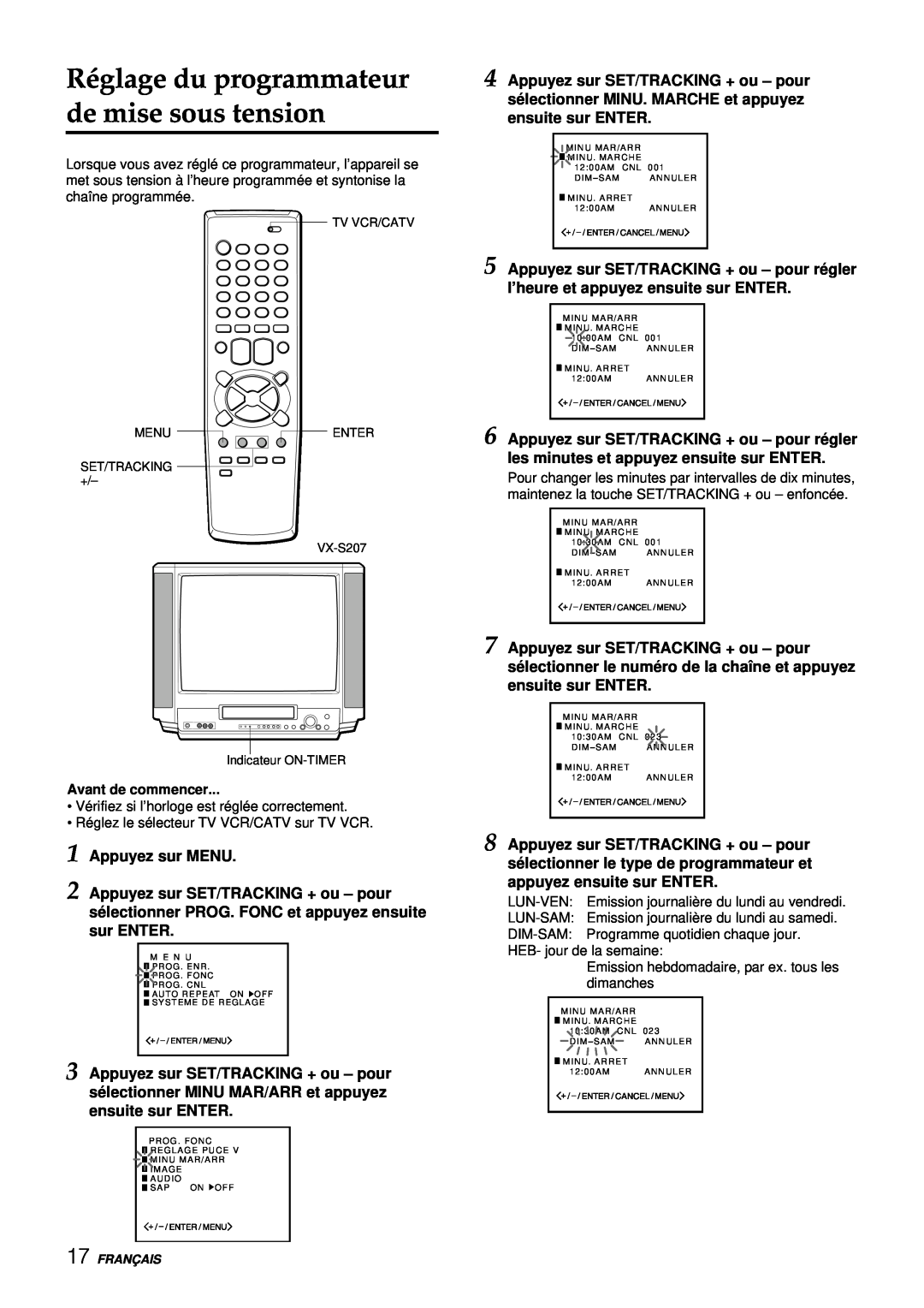 Aiwa VX-S137U manual Réglage du programmateur de mise sous tension, Appuyez sur MENU 2 Appuyez sur SET/TRACKING + ou - pour 