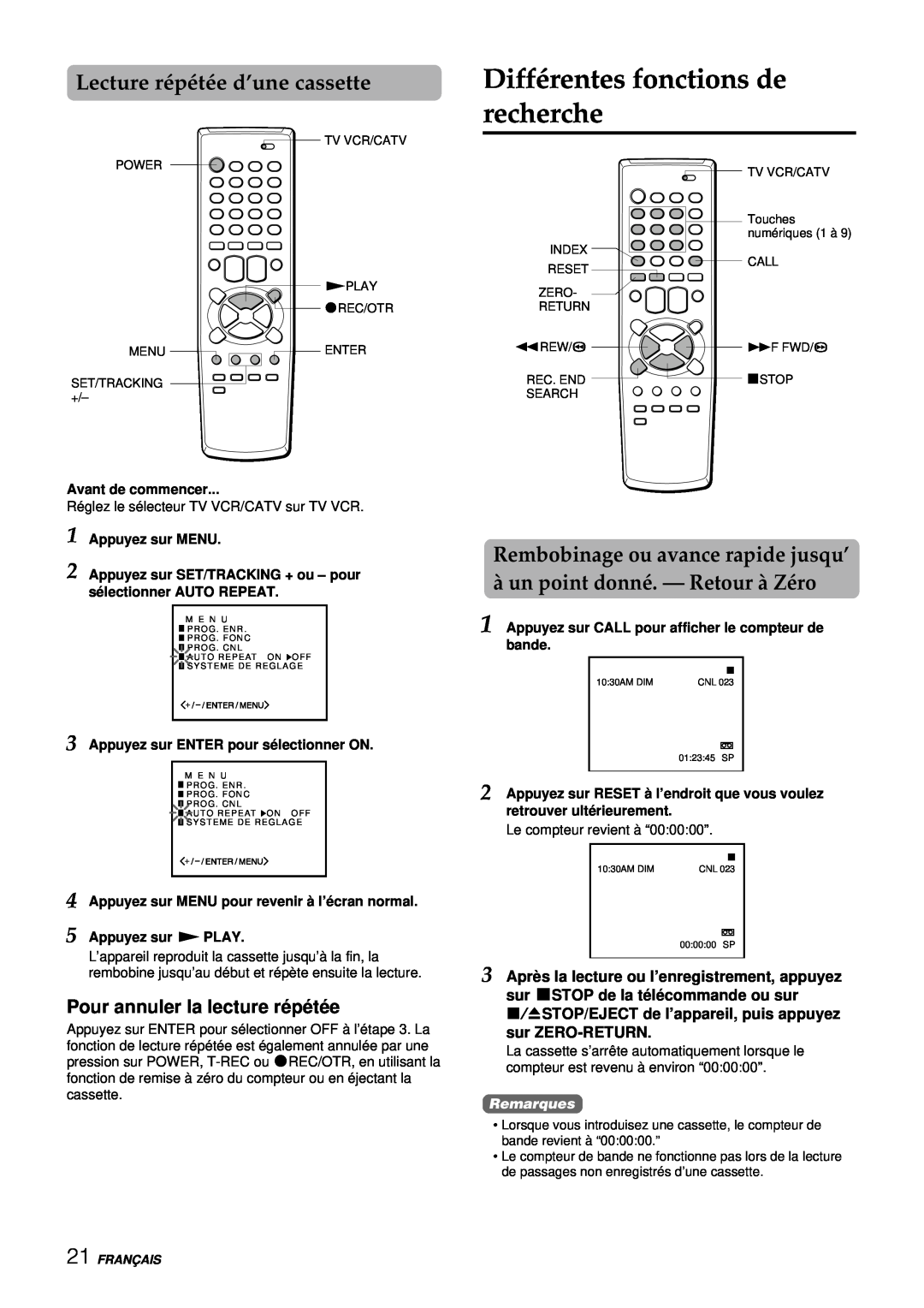 Aiwa VX-S137U manual Différentes fonctions de recherche, Lecture répétée d’une cassette, Pour annuler la lecture ré pé té e 