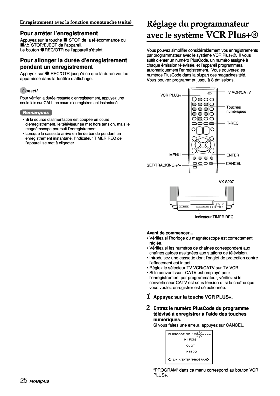 Aiwa VX-S137U manual Réglage du programmateur avec le système VCR Plus+, Pour arrê ter l’enregistrement, Conseil, Remarques 