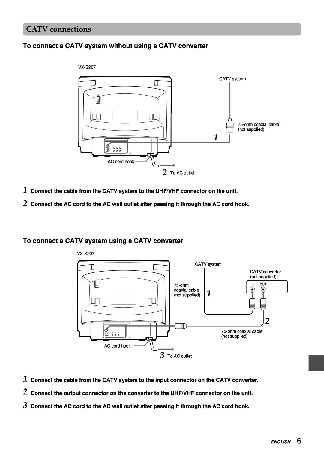Aiwa VX-S207U, VX-S137U manual CATV connections, To connect a CATV system without using a CATV converter 