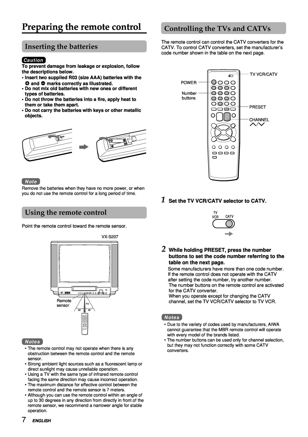 Aiwa VX-S137U, VX-S207U manual Preparing the remote control, Inserting the batteries, Using the remote control 