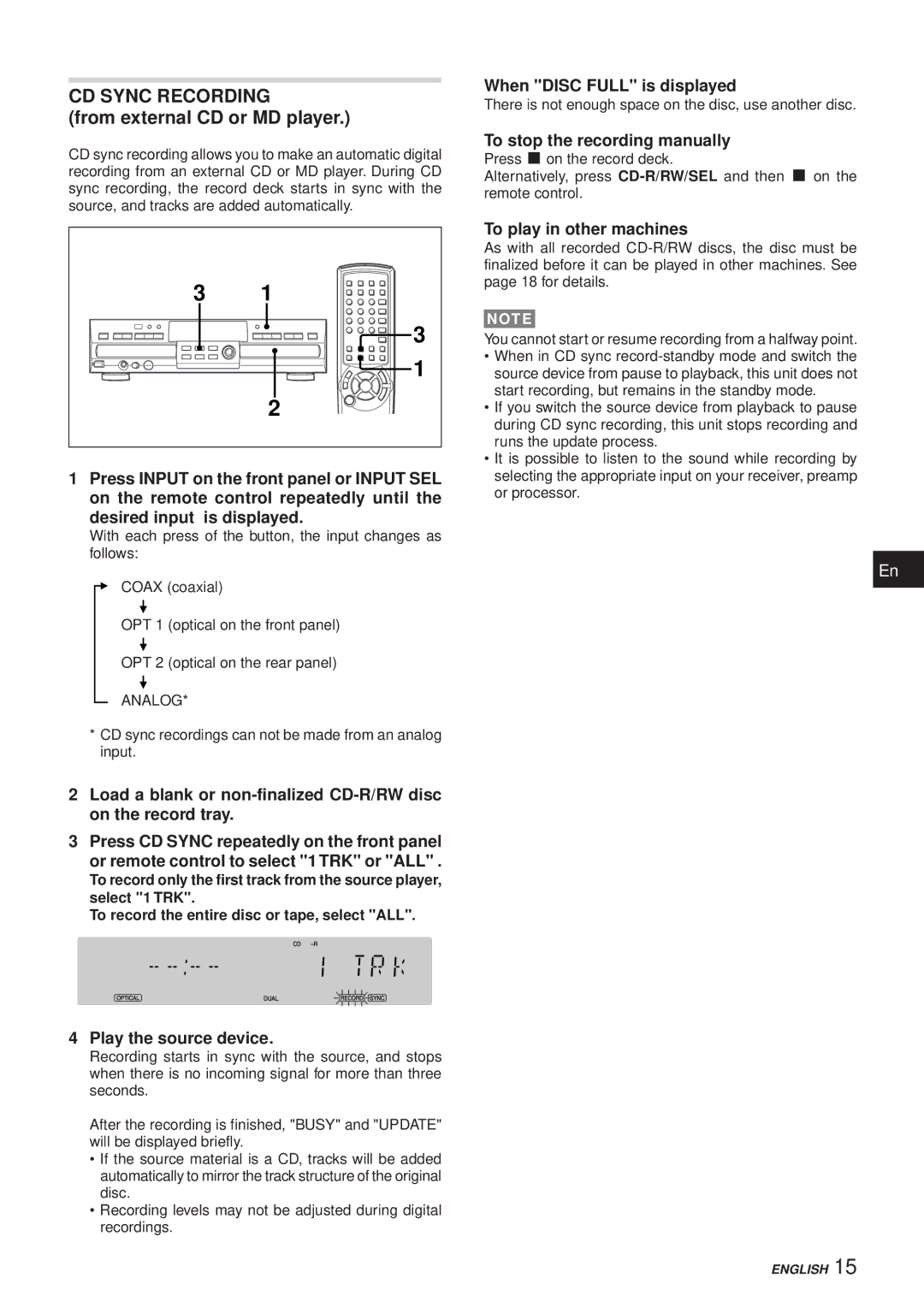 Aiwa XC-RW700 CD Sync Recording, Play the source device, When Disc Full is displayed, To stop the recording manually 