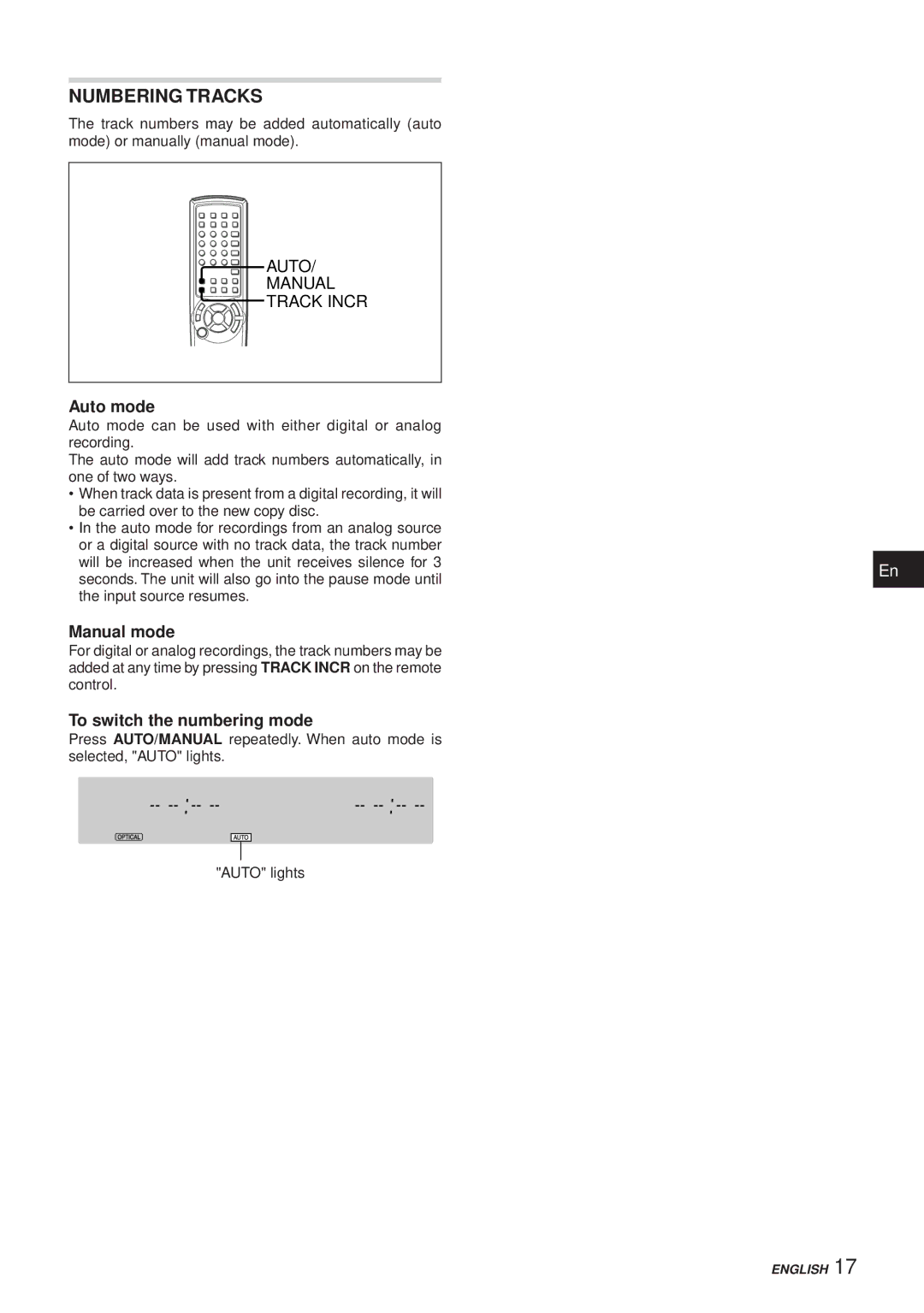 Aiwa XC-RW700 manual Numbering Tracks, Auto mode, Manual mode, To switch the numbering mode 