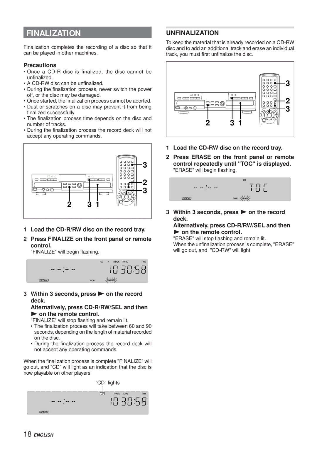 Aiwa XC-RW700 manual Finalization, Unfinalization, Precautions 