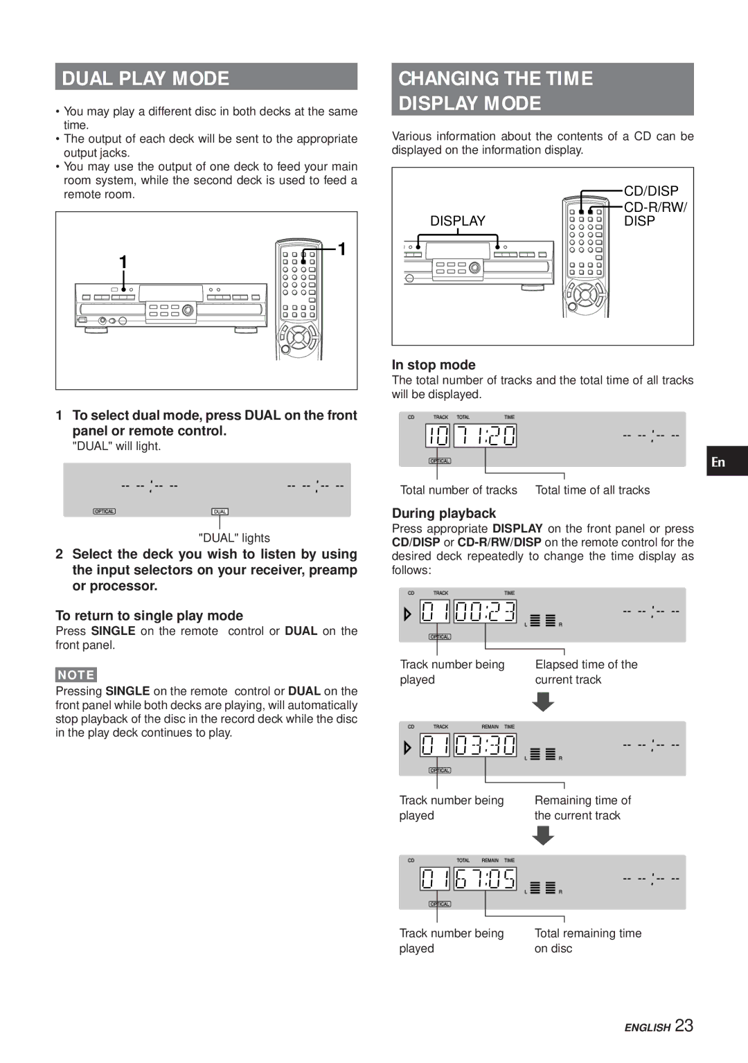 Aiwa XC-RW700 manual Dual Play Mode, Changing the Time Display Mode, Stop mode, During playback 