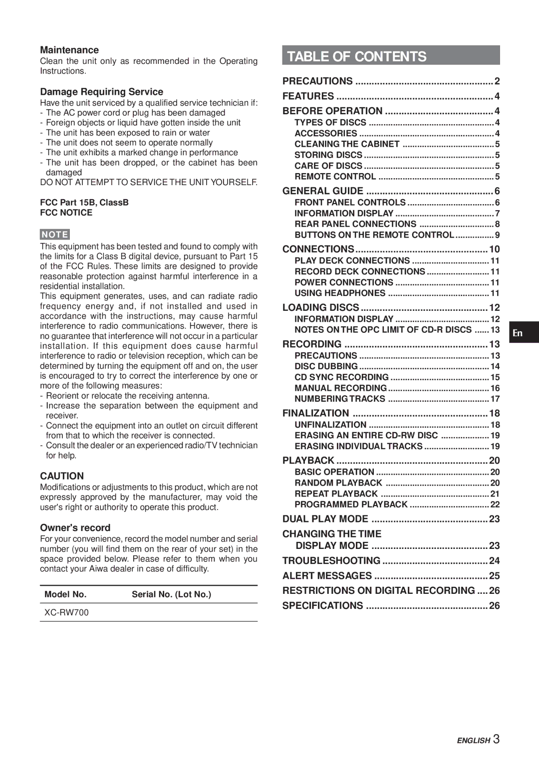 Aiwa XC-RW700 manual Table of Contents 