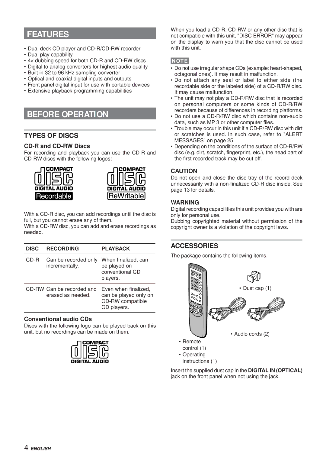 Aiwa XC-RW700 manual Features, Before Operation, Types of Discs, Accessories 