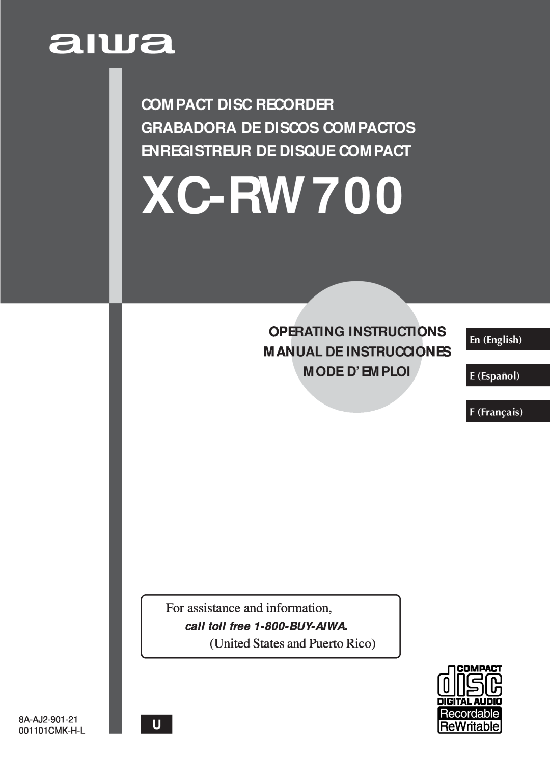 Aiwa XC-RW700 manual For assistance and information, United States and Puerto Rico, En English EEspa-ol F Franais 