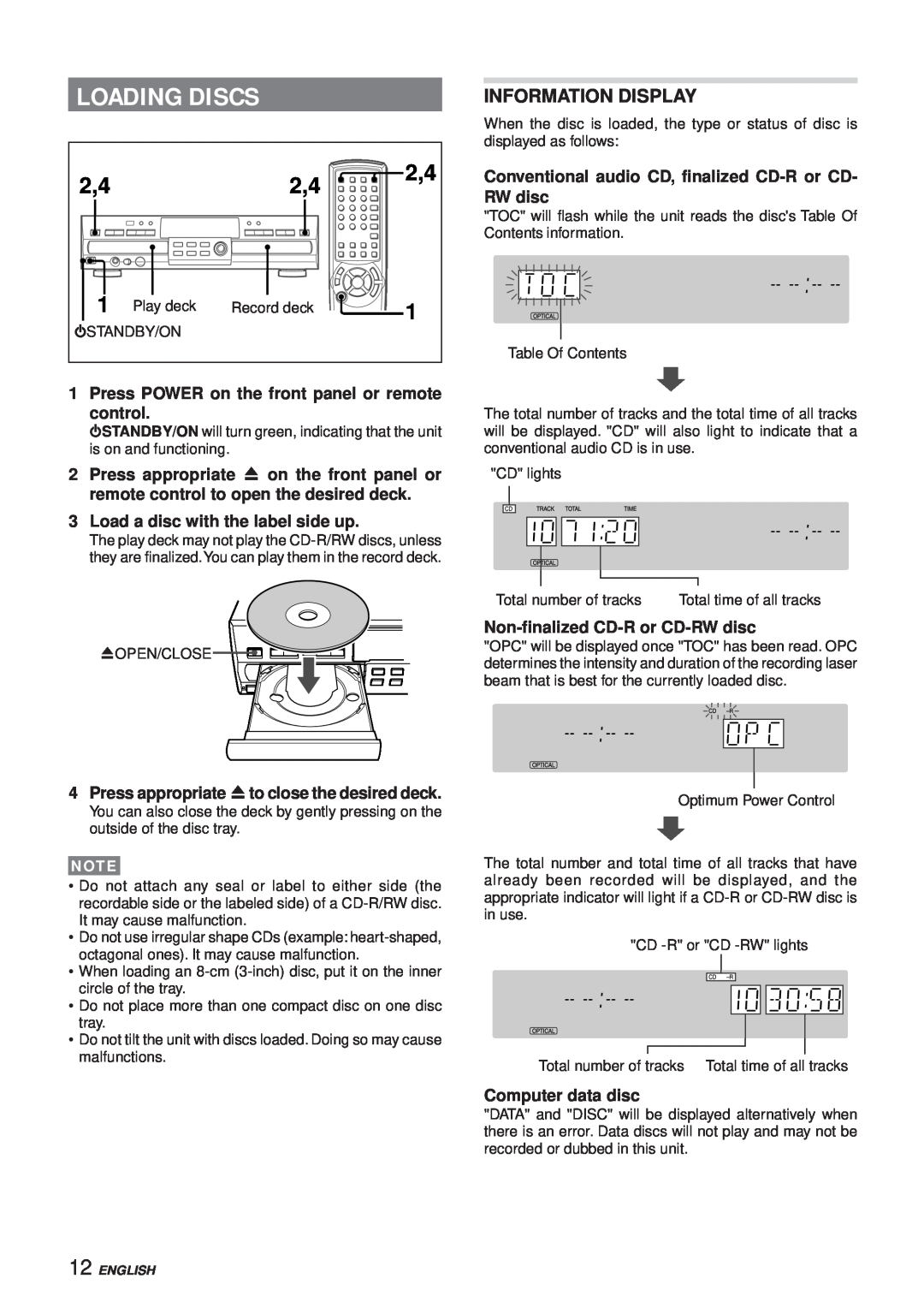 Aiwa XC-RW700 manual Loading Discs, Information Display 