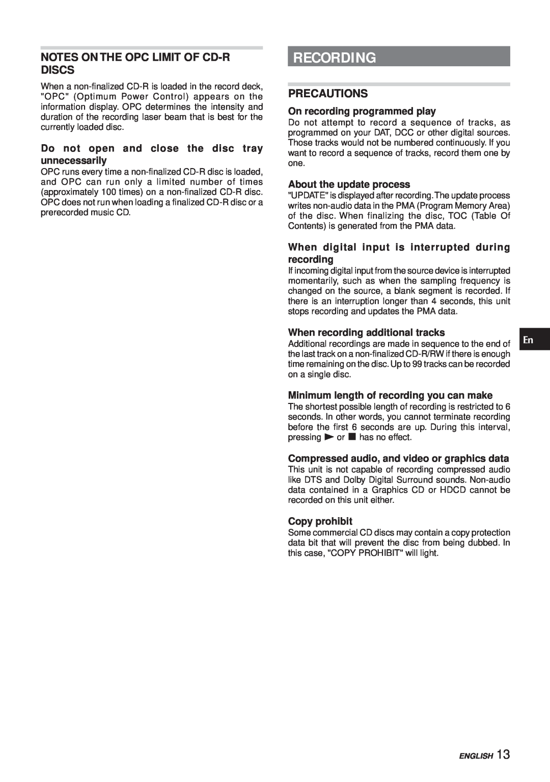 Aiwa XC-RW700 manual Recording, Notes On The Opc Limit Of Cd-Rdiscs, Precautions 