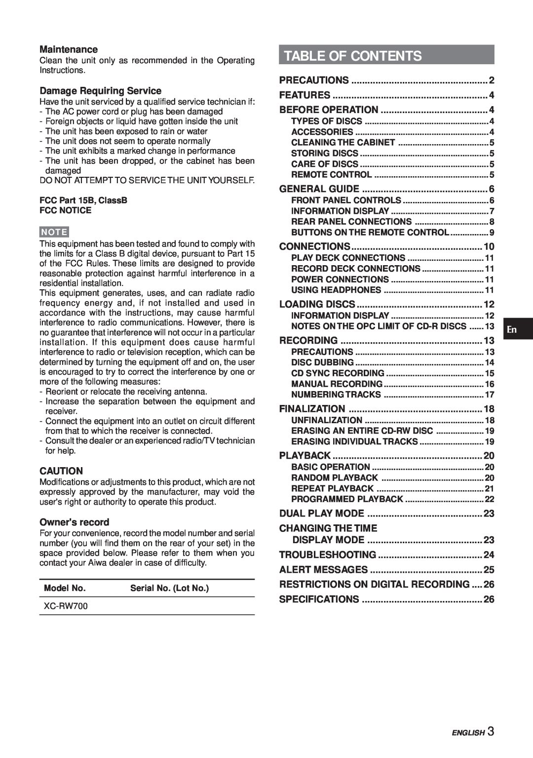 Aiwa XC-RW700 manual Table Of Contents 