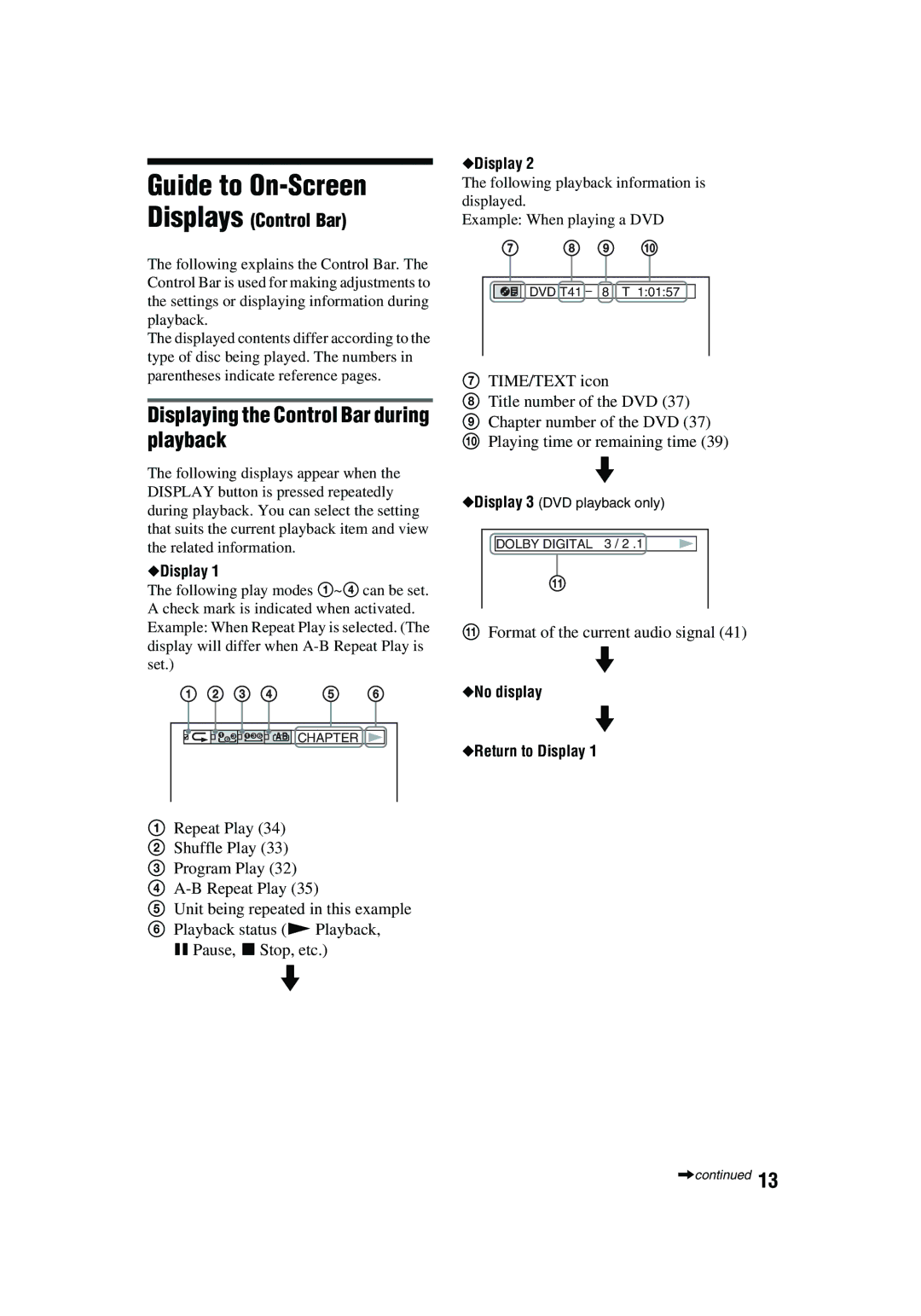 Aiwa XD-AX10 operating instructions Guide to On-Screen, Displaying the Control Bar during playback, Displays Control Bar 