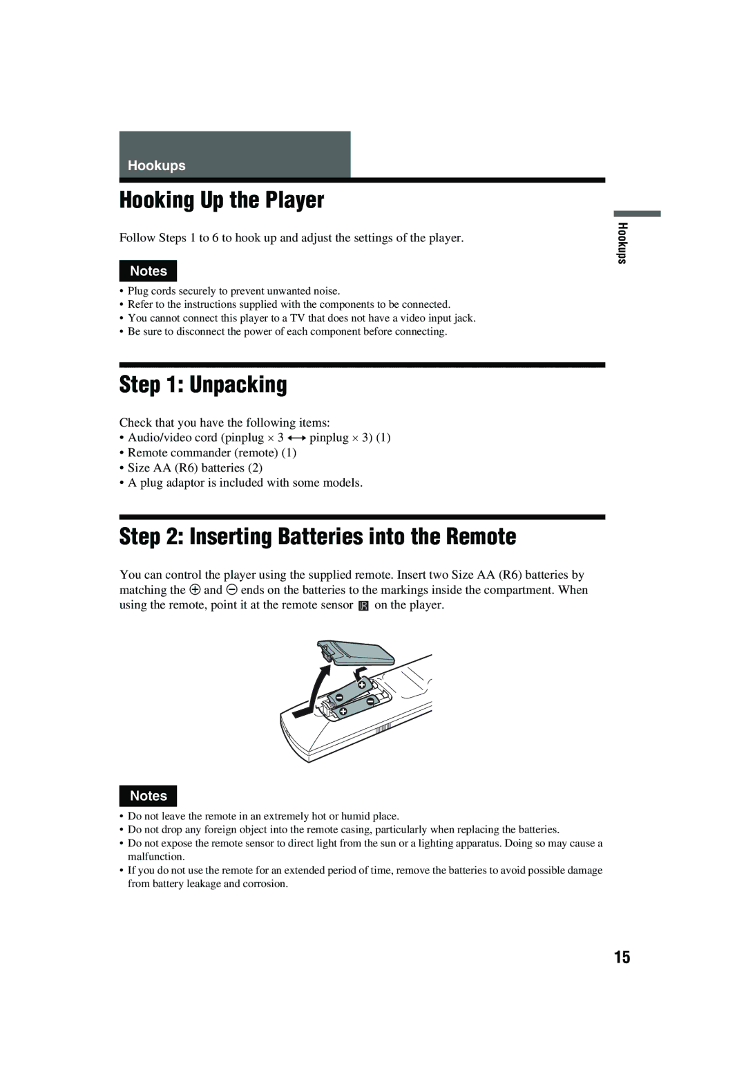 Aiwa XD-AX10 operating instructions Hooking Up the Player, Unpacking, Inserting Batteries into the Remote, Hookups 