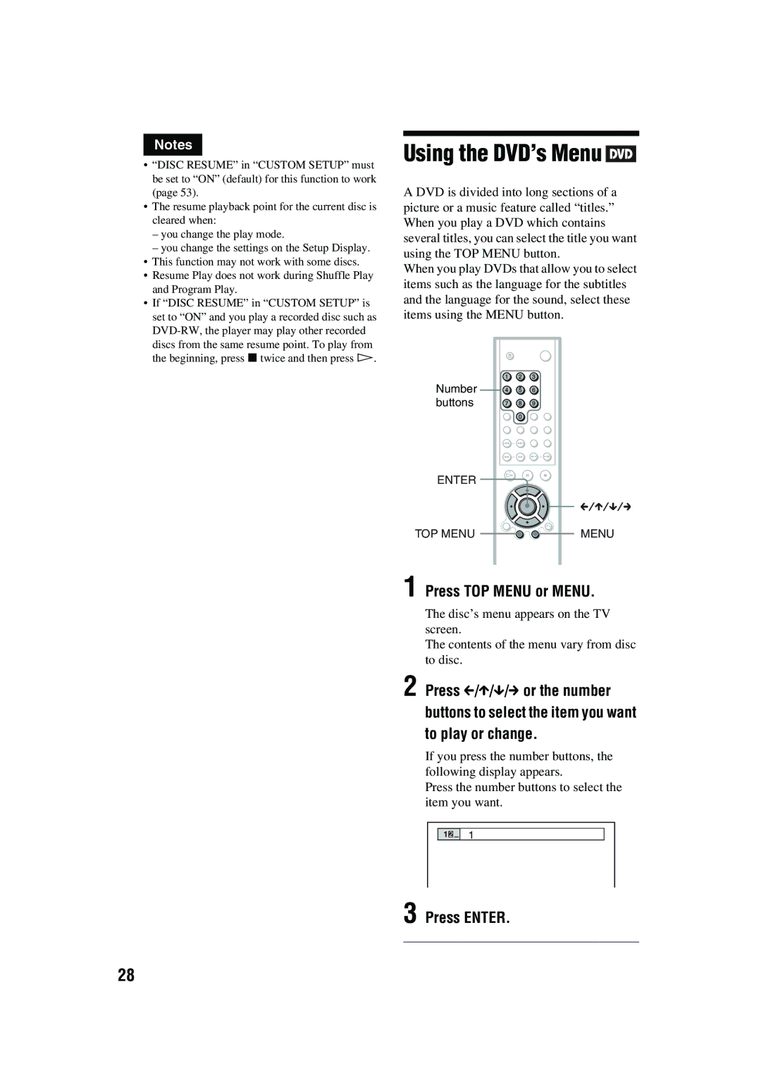 Aiwa XD-AX10 operating instructions Using the DVD’s Menu, Press TOP Menu or Menu 