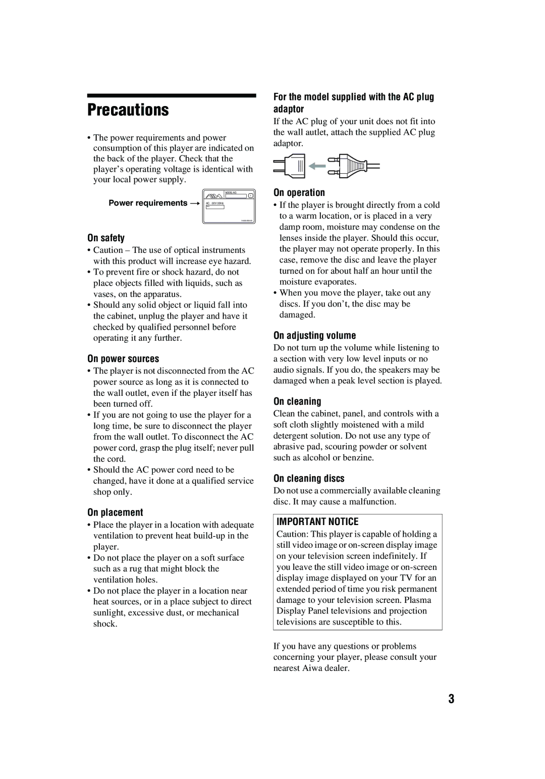 Aiwa XD-AX10 operating instructions Precautions 