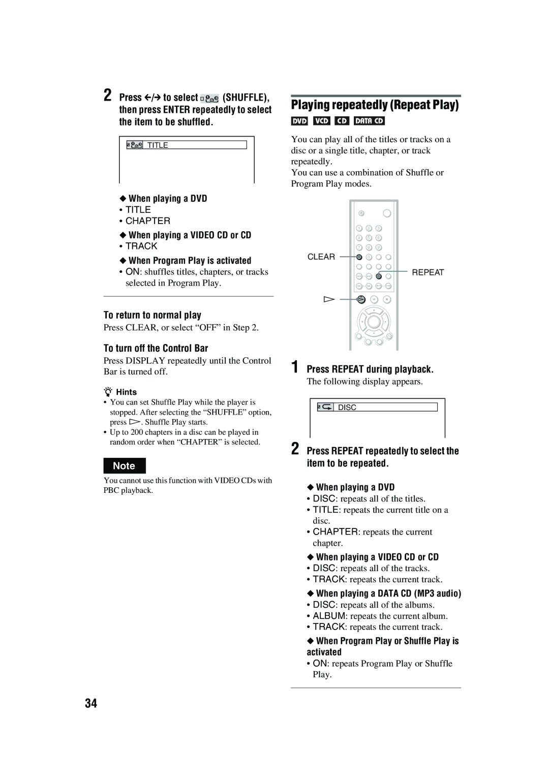 Aiwa XD-AX10 operating instructions Playing repeatedly Repeat Play, To return to normal play, To turn off the Control Bar 