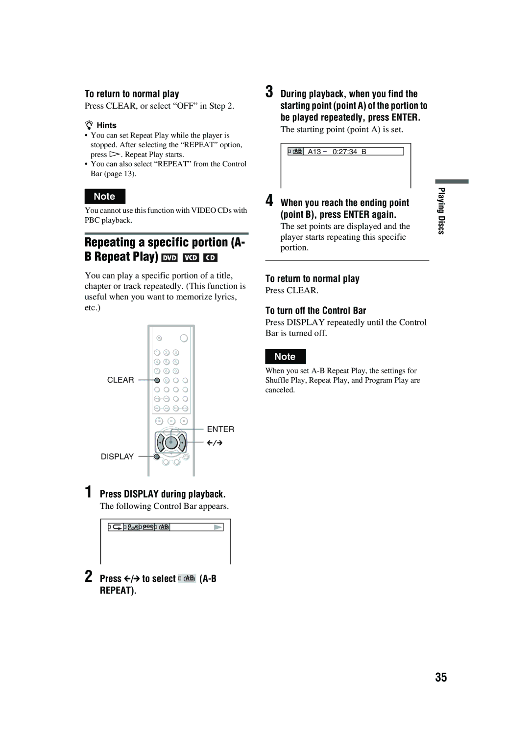 Aiwa XD-AX10 Repeating a specific portion A- B Repeat Play, Press Display during playback, Press C/c to select A-B 