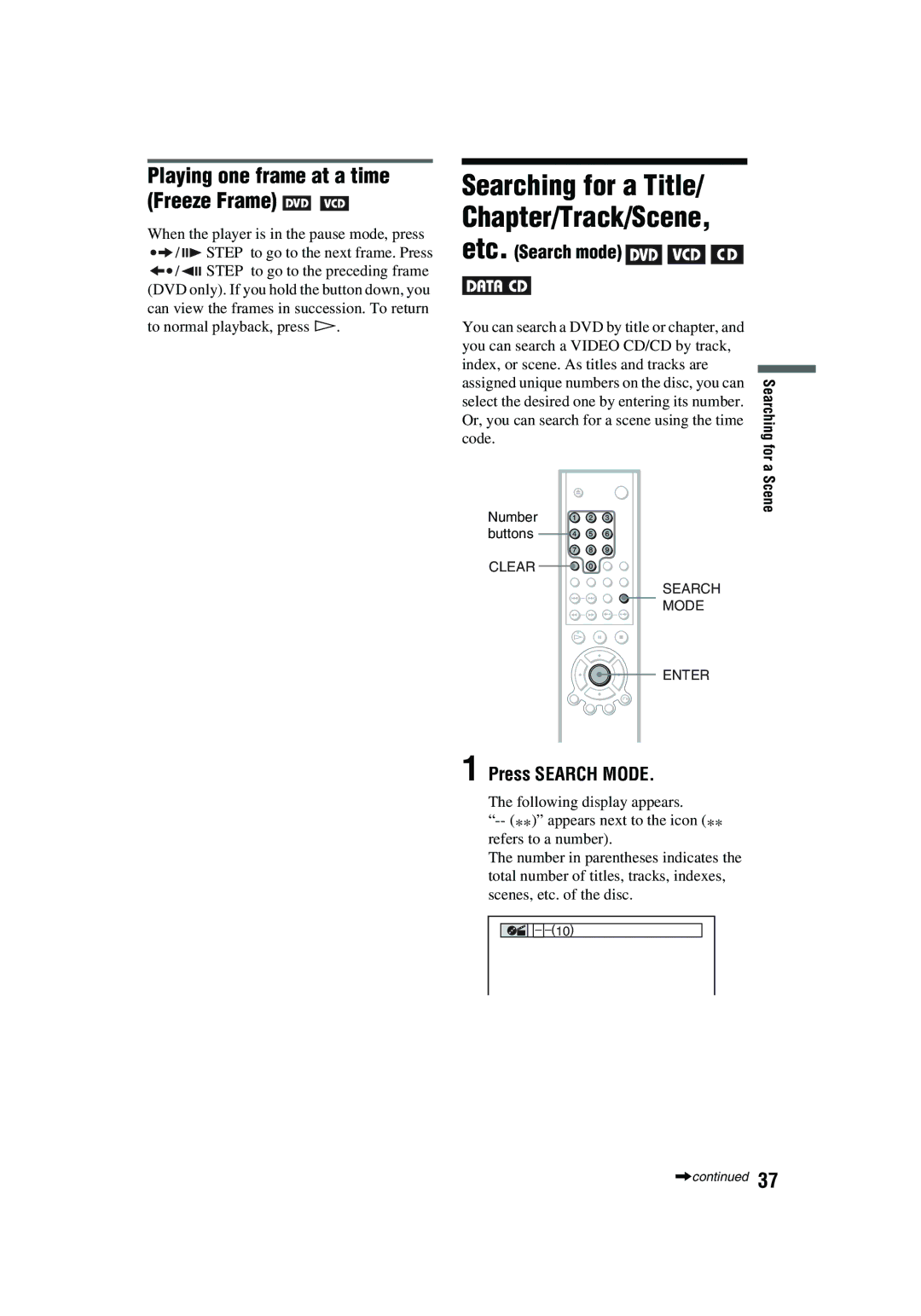 Aiwa XD-AX10 operating instructions Playing one frame at a time Freeze Frame, Press Search Mode, Etc. Search mode 