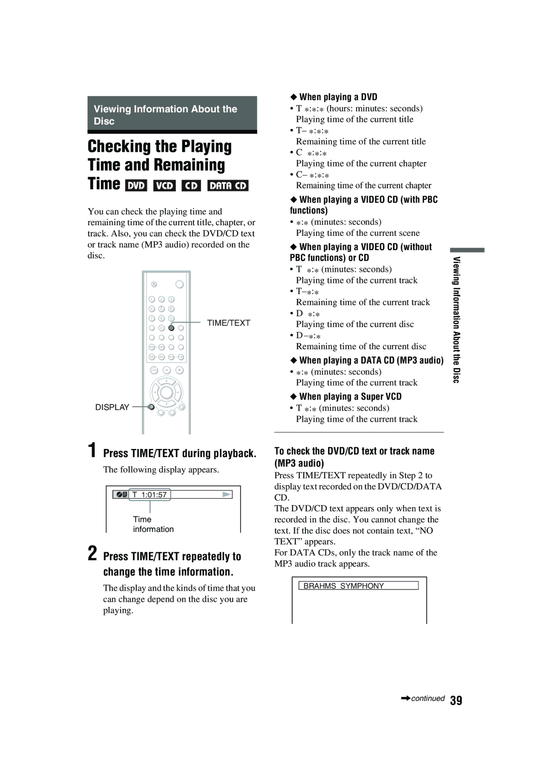 Aiwa XD-AX10 operating instructions Checking the Playing Time and Remaining, Press TIME/TEXT during playback 