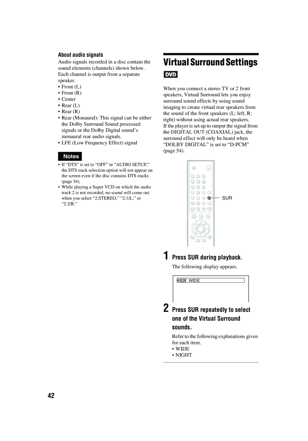 Aiwa XD-AX10 Press SUR during playback, About audio signals, Refer to the following explanations given for each item 