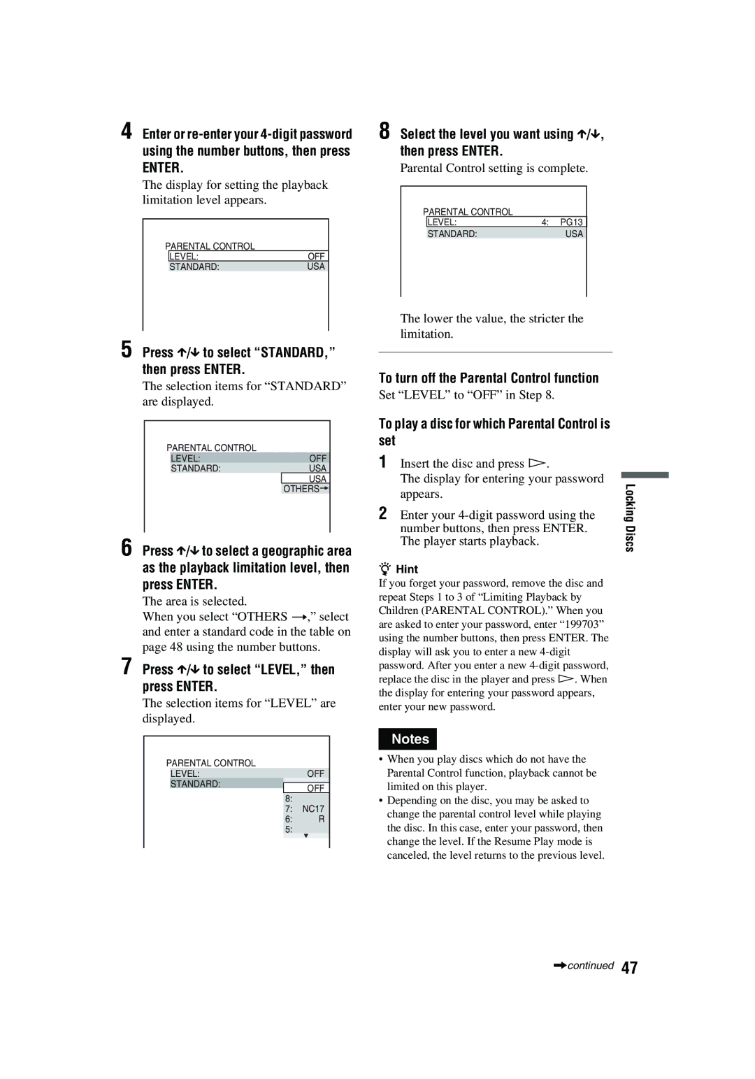 Aiwa XD-AX10 Press X/x to select LEVEL, then press Enter, Select the level you want using X/x, then press Enter 