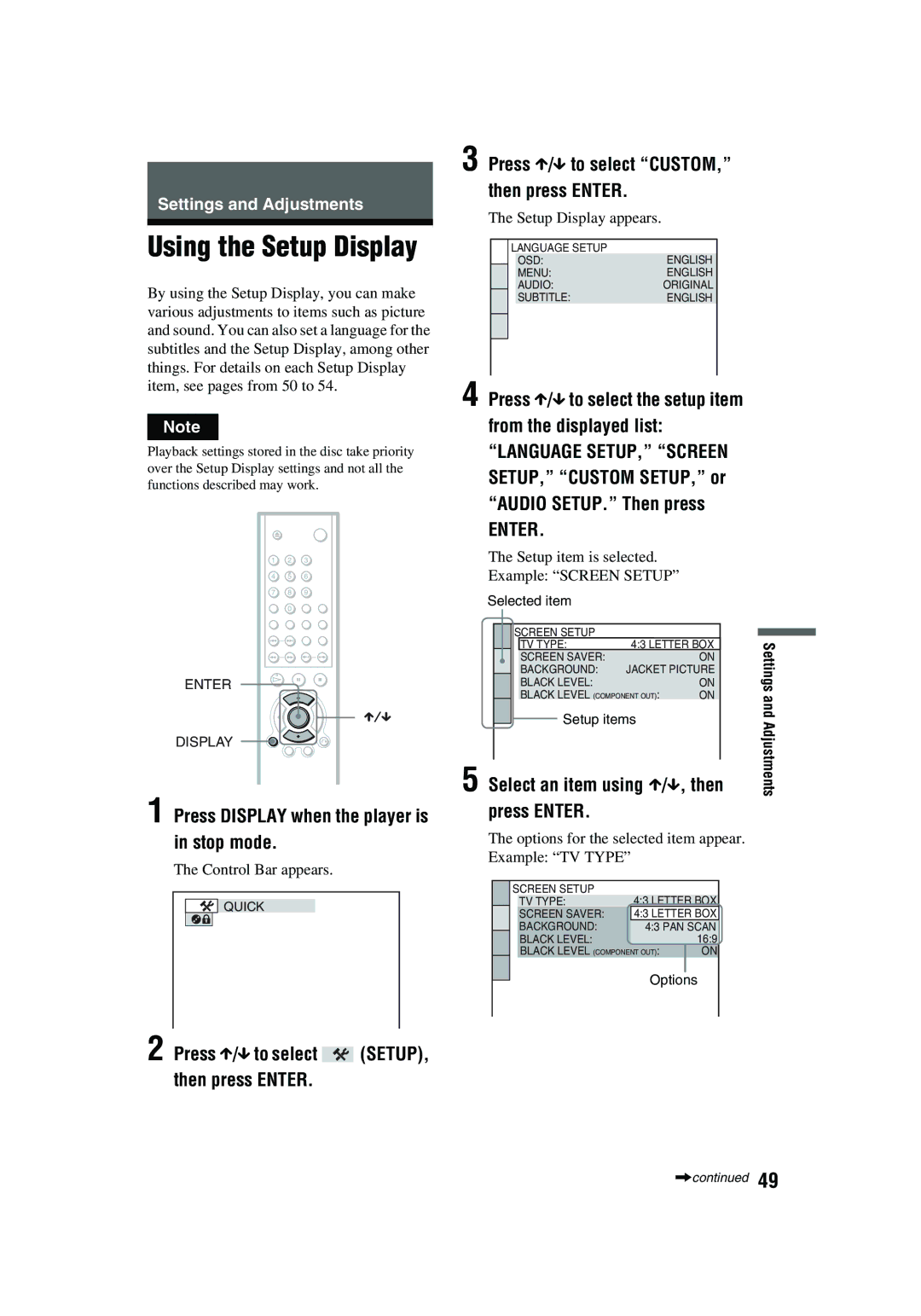 Aiwa XD-AX10 operating instructions Using the Setup Display, Press Display when the player is in stop mode 