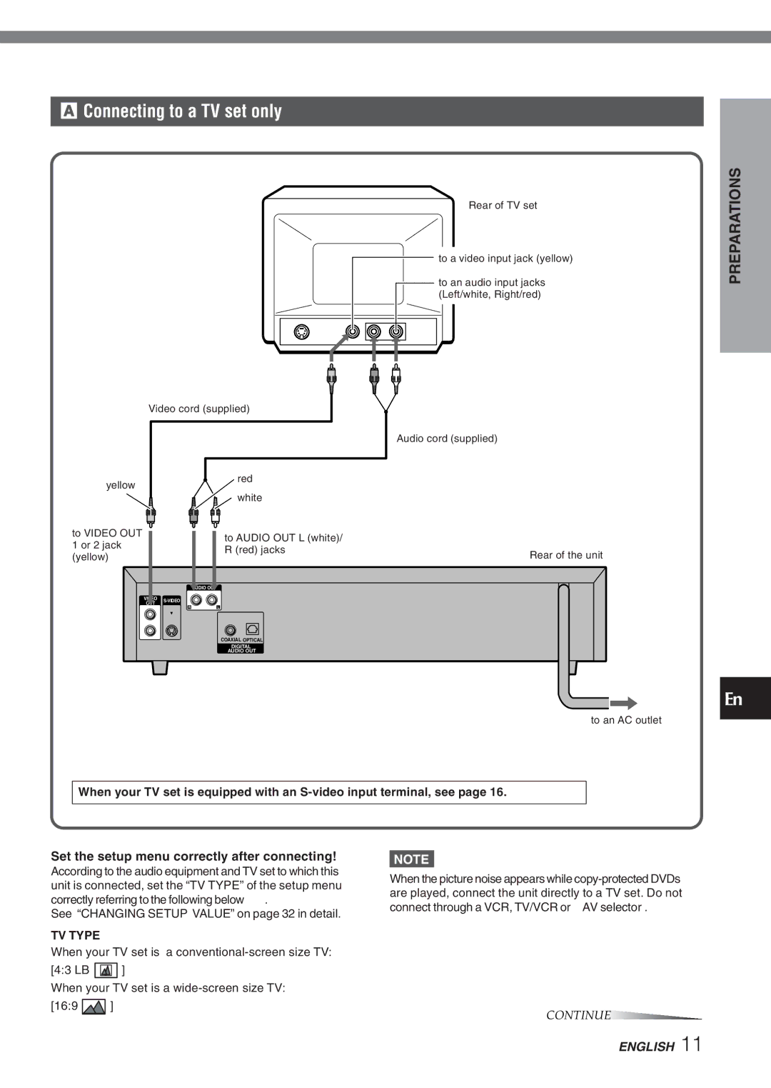 Aiwa XD-DV270 operating instructions Connecting to a TV set only, Preparations 