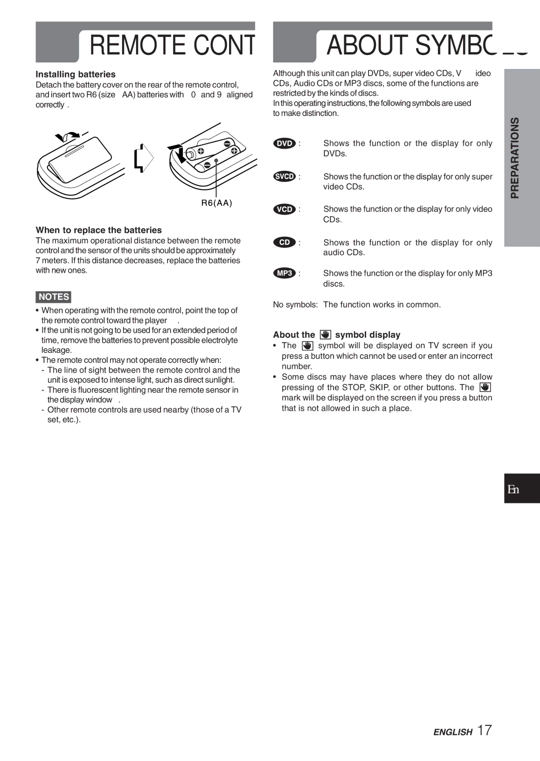 Aiwa XD-DV270 operating instructions Installing batteries, When to replace the batteries, About the symbol display 