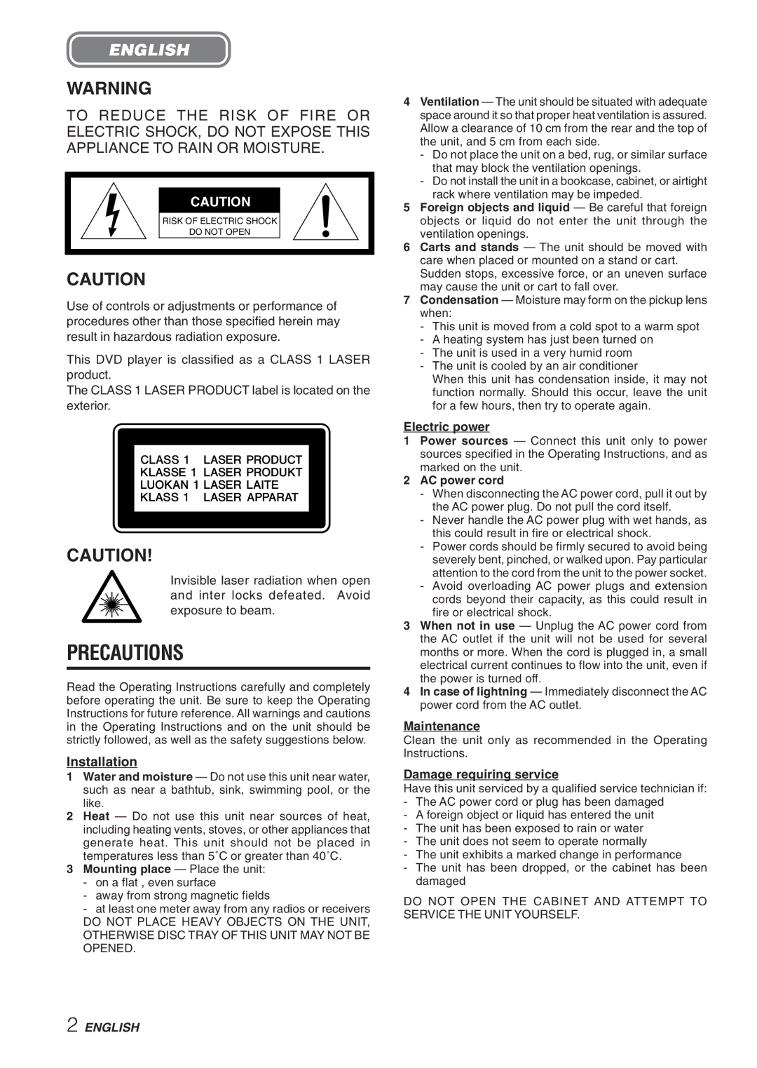 Aiwa XD-DV270 operating instructions Electric power, AC power cord, Maintenance, Damage requiring service 