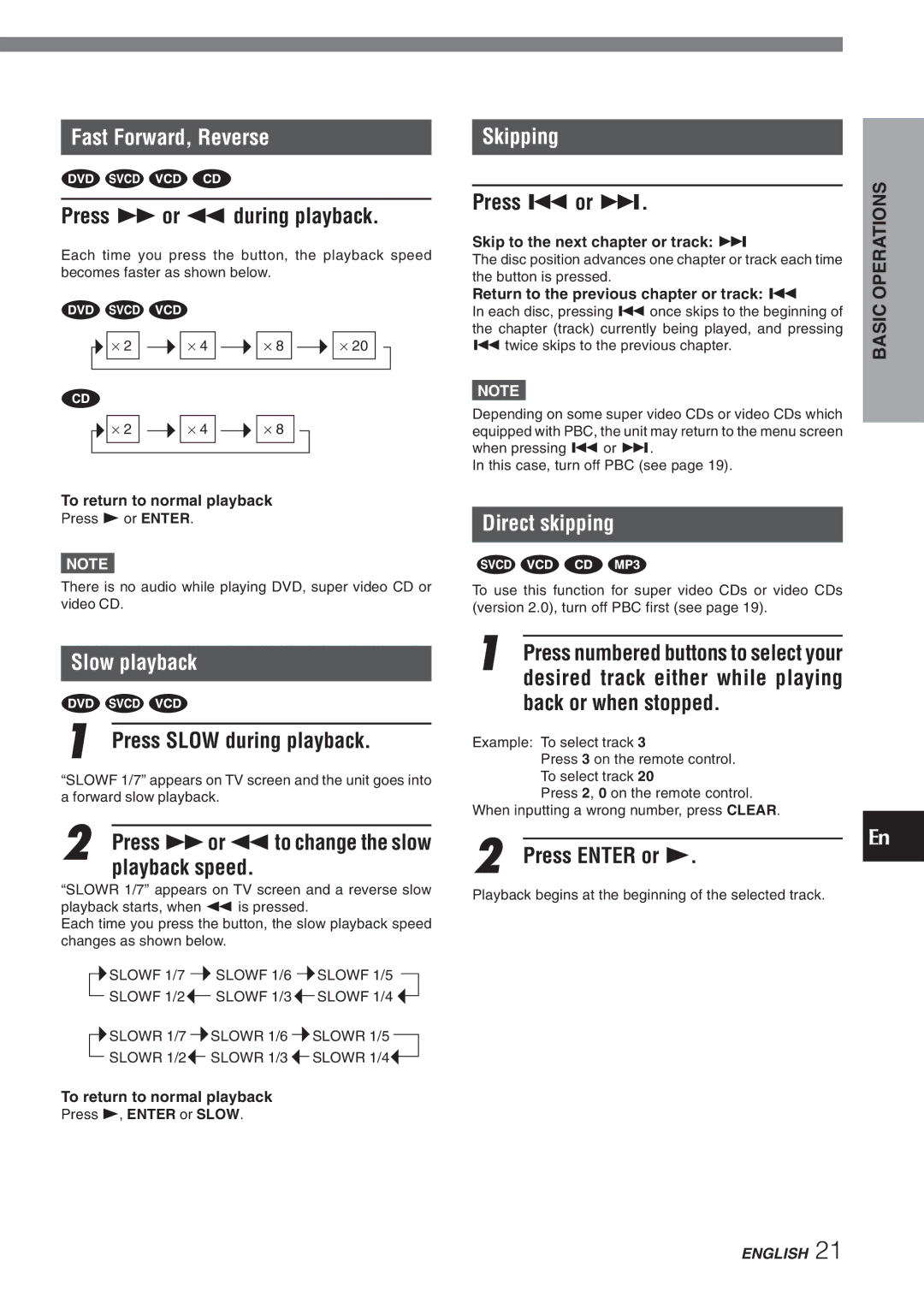 Aiwa XD-DV270 operating instructions Fast Forward, Reverse, Slow playback, Skipping, Direct skipping 