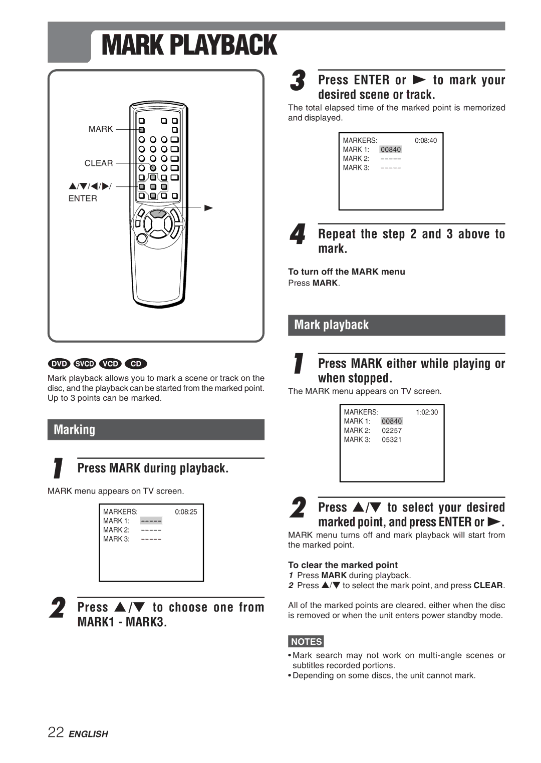 Aiwa XD-DV270 operating instructions Marking, Mark playback 