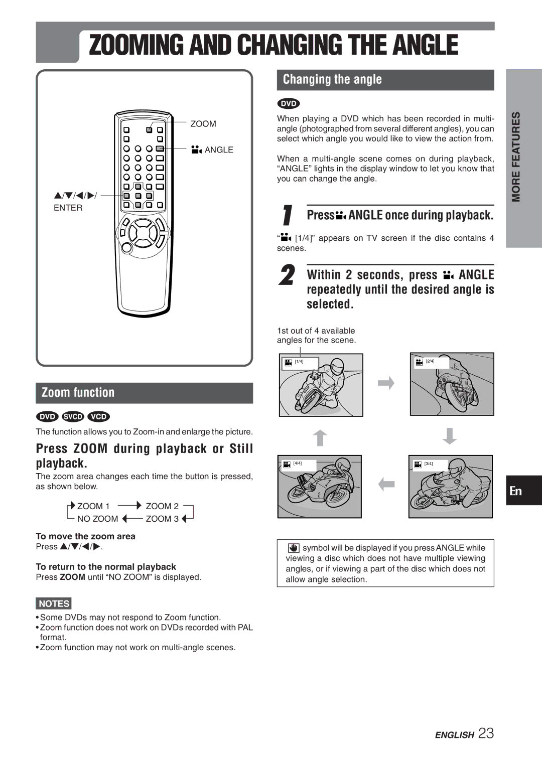 Aiwa XD-DV270 Changing the angle, Selected, Zoom function, Press Zoom during playback or Still playback 