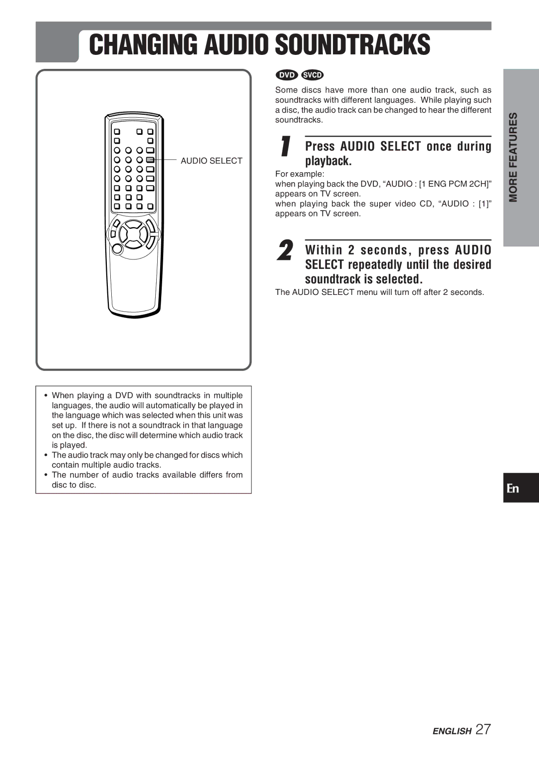 Aiwa XD-DV270 operating instructions Playback, Audio Select 