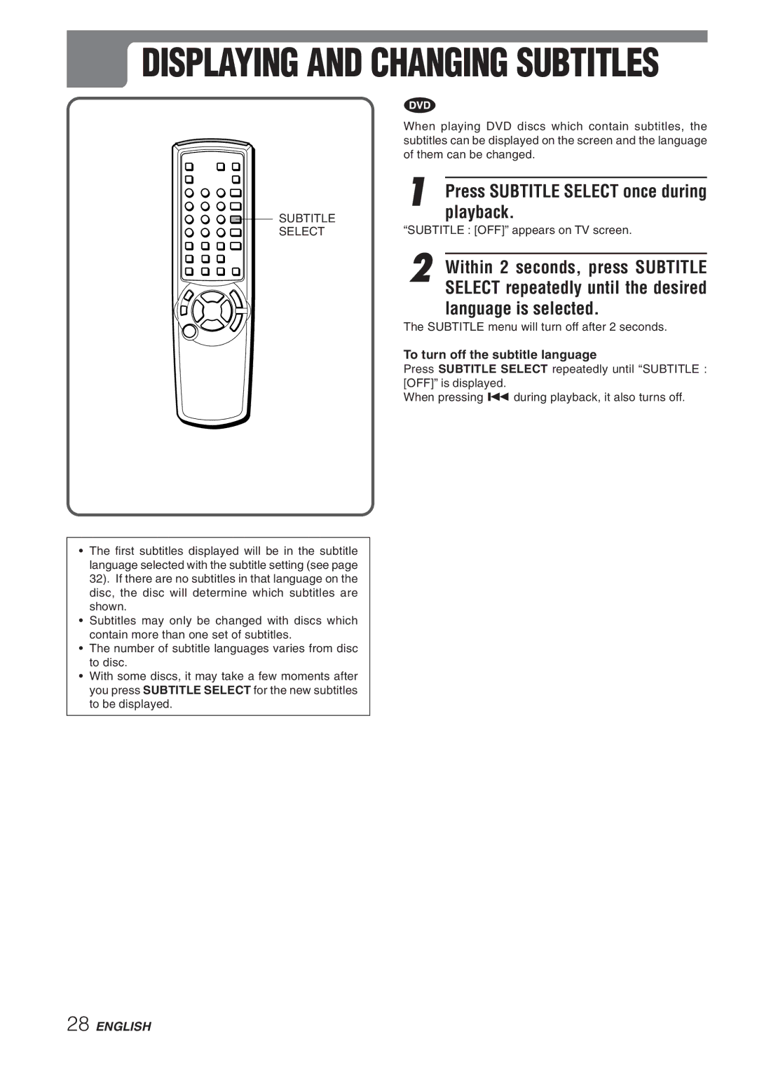 Aiwa XD-DV270 operating instructions Subtitle Select, To turn off the subtitle language 