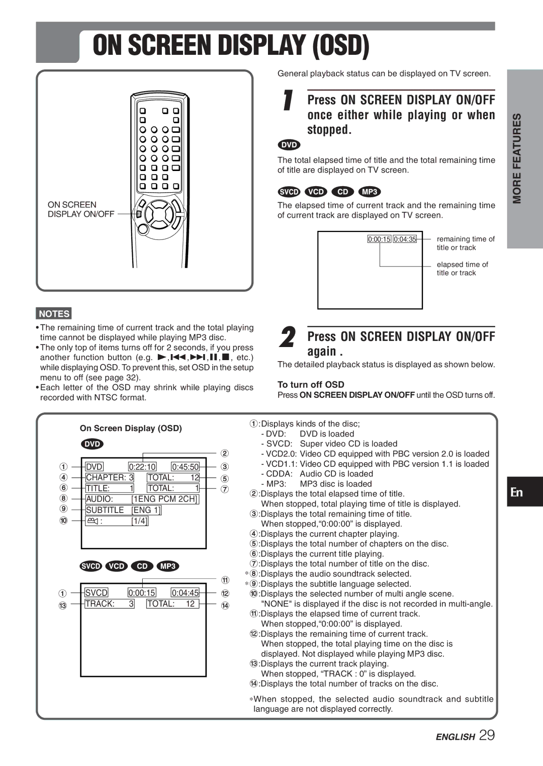 Aiwa XD-DV270 operating instructions On Screen Display OSD, Stopped, Again, To turn off OSD 