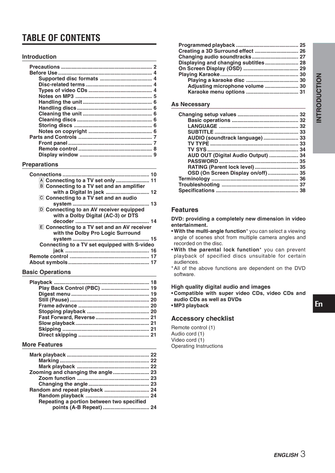 Aiwa XD-DV270 operating instructions Table of Contents 