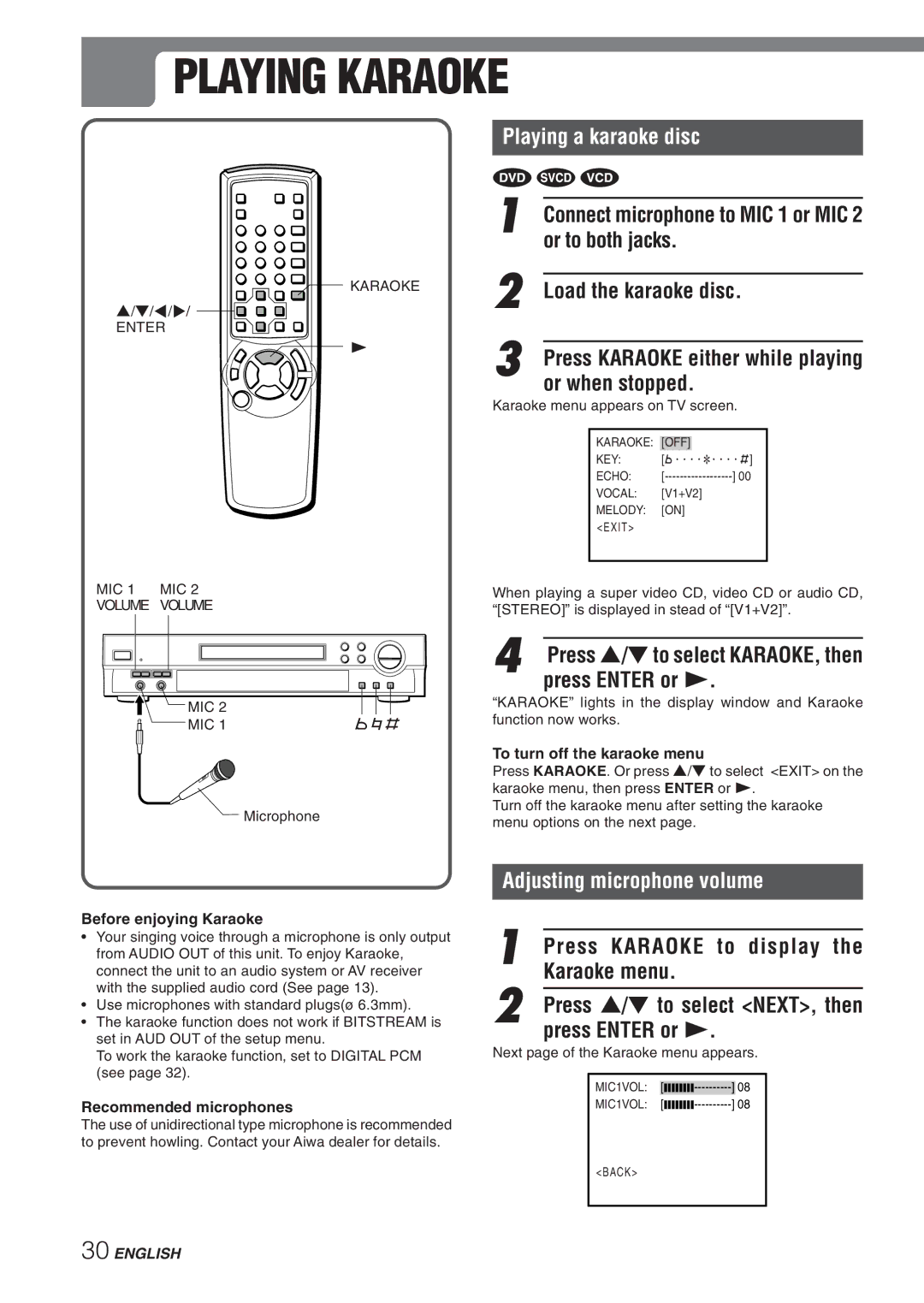 Aiwa XD-DV270 operating instructions Playing Karaoke, Playing a karaoke disc, Adjusting microphone volume 