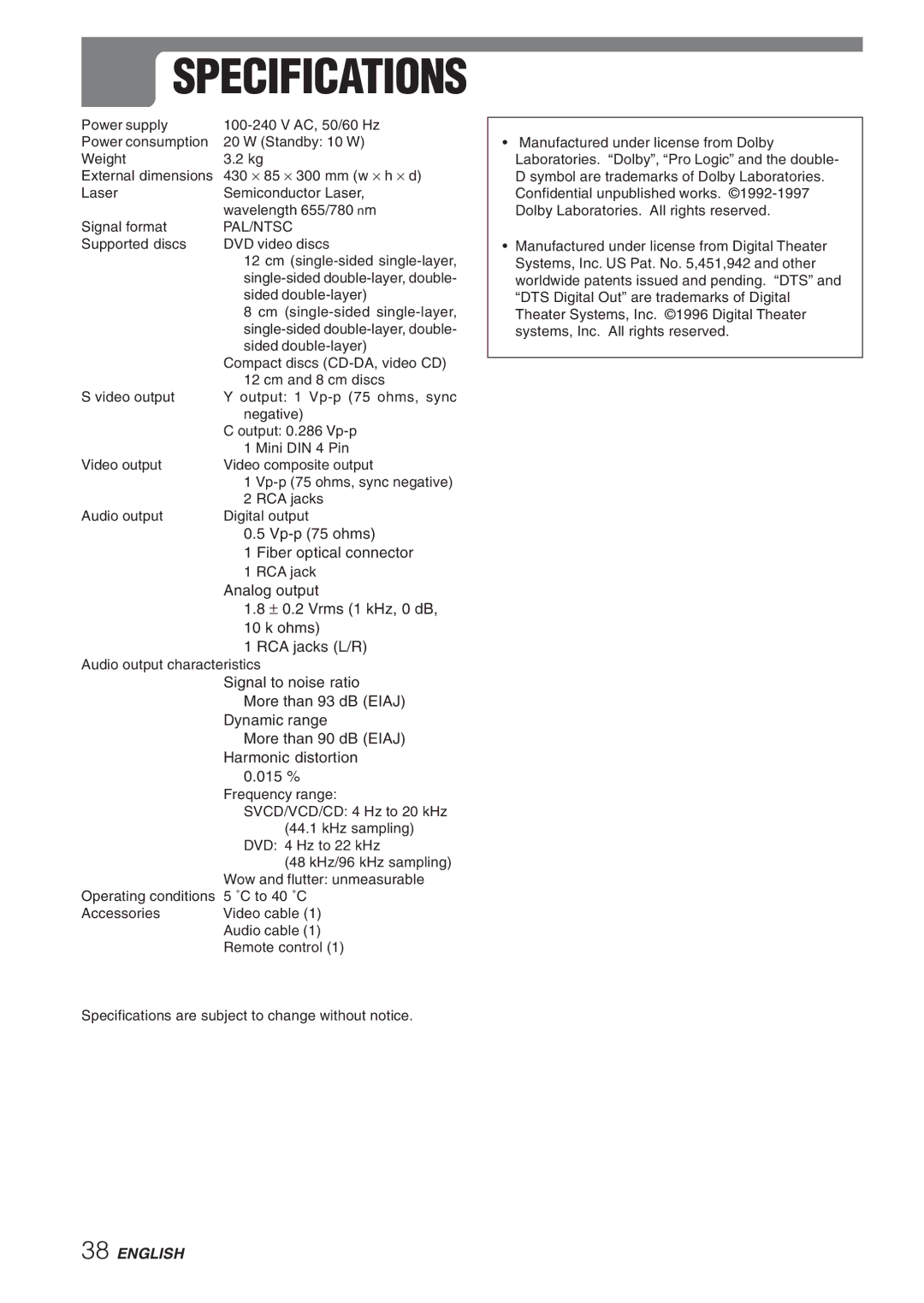 Aiwa XD-DV270 operating instructions Specifications, Pal/Ntsc 