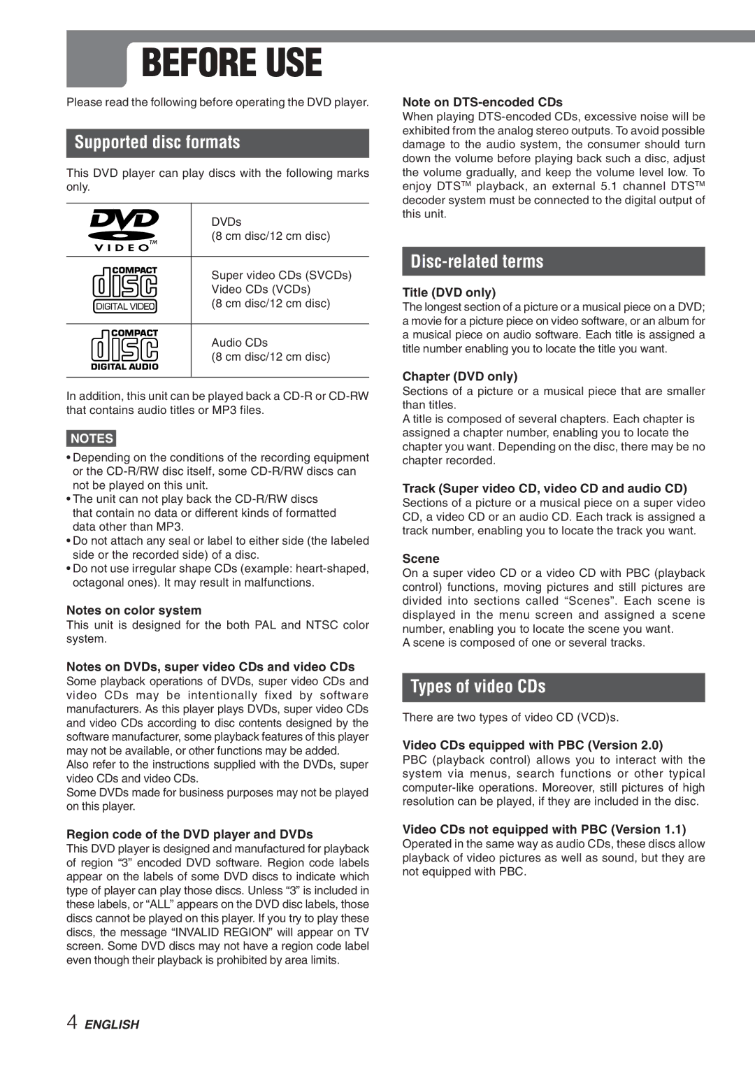 Aiwa XD-DV270 operating instructions Before USE, Supported disc formats, Disc-related terms, Types of video CDs 