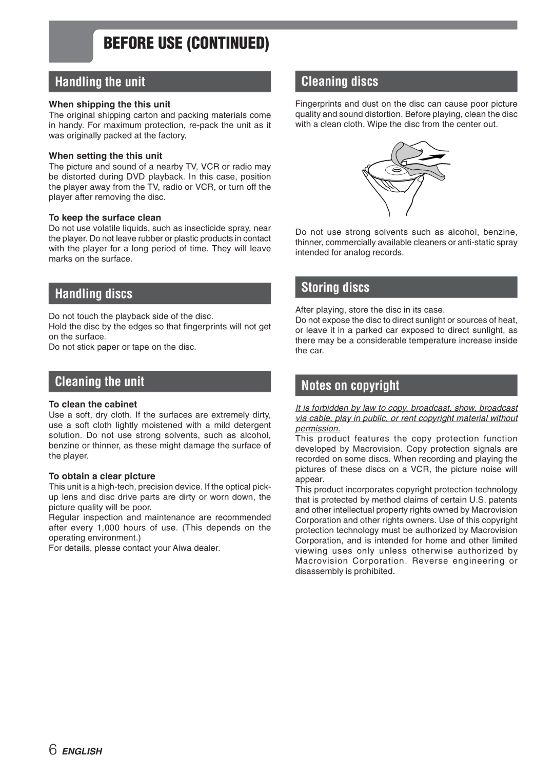 Aiwa XD-DV270 operating instructions Handling the unit, Cleaning discs, Handling discs, Storing discs, Cleaning the unit 