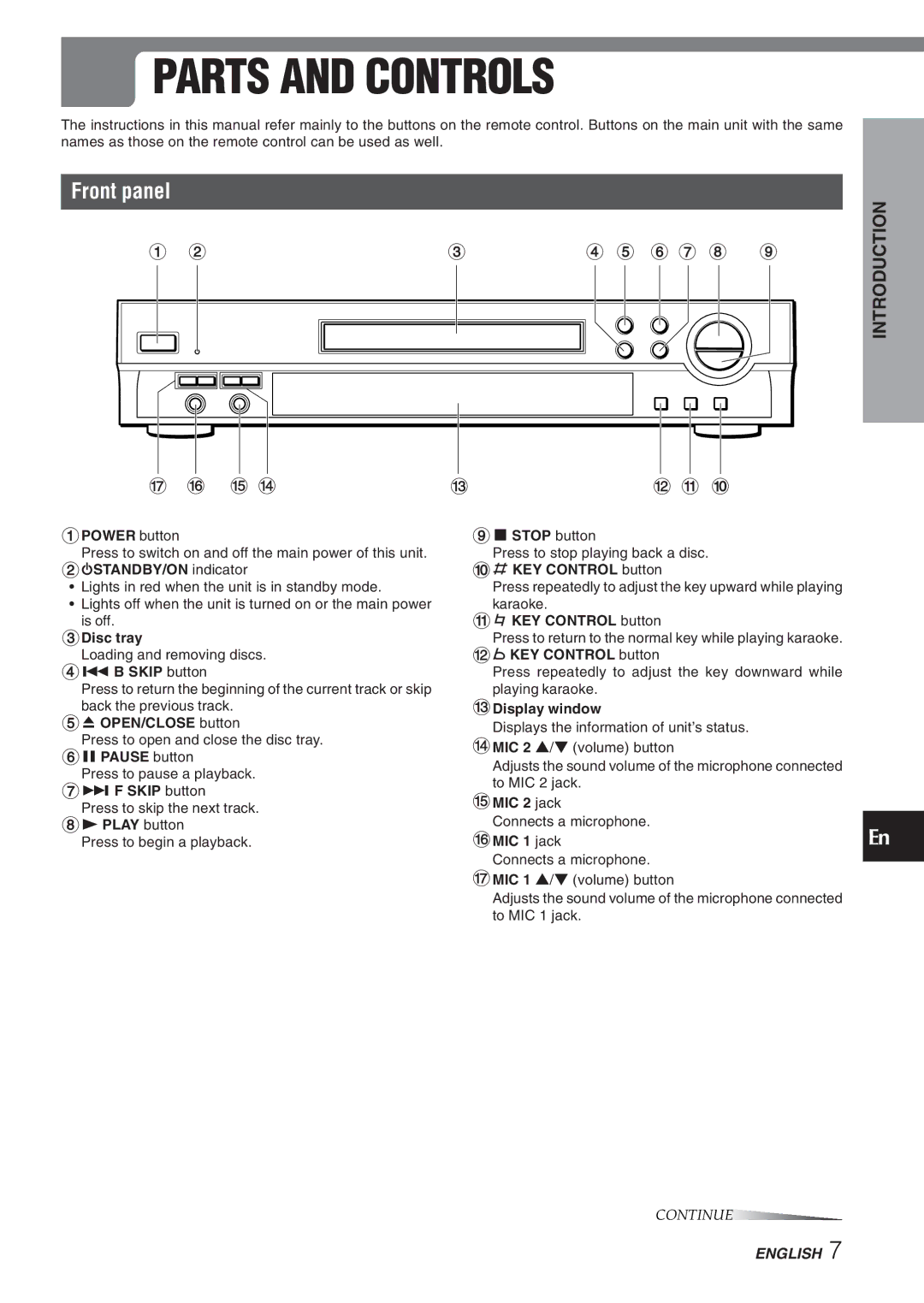 Aiwa XD-DV270 operating instructions Parts and Controls, Front panel 