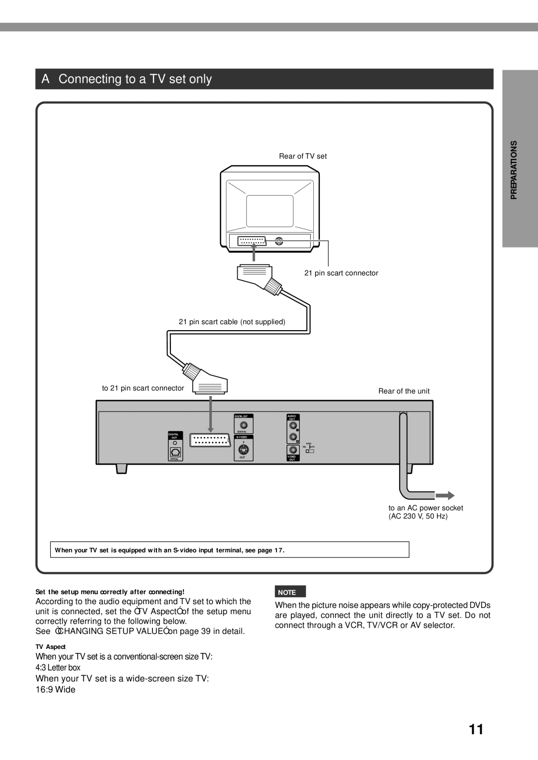 Aiwa XD-DV370 operating instructions Connecting to a TV set only, Preparations 