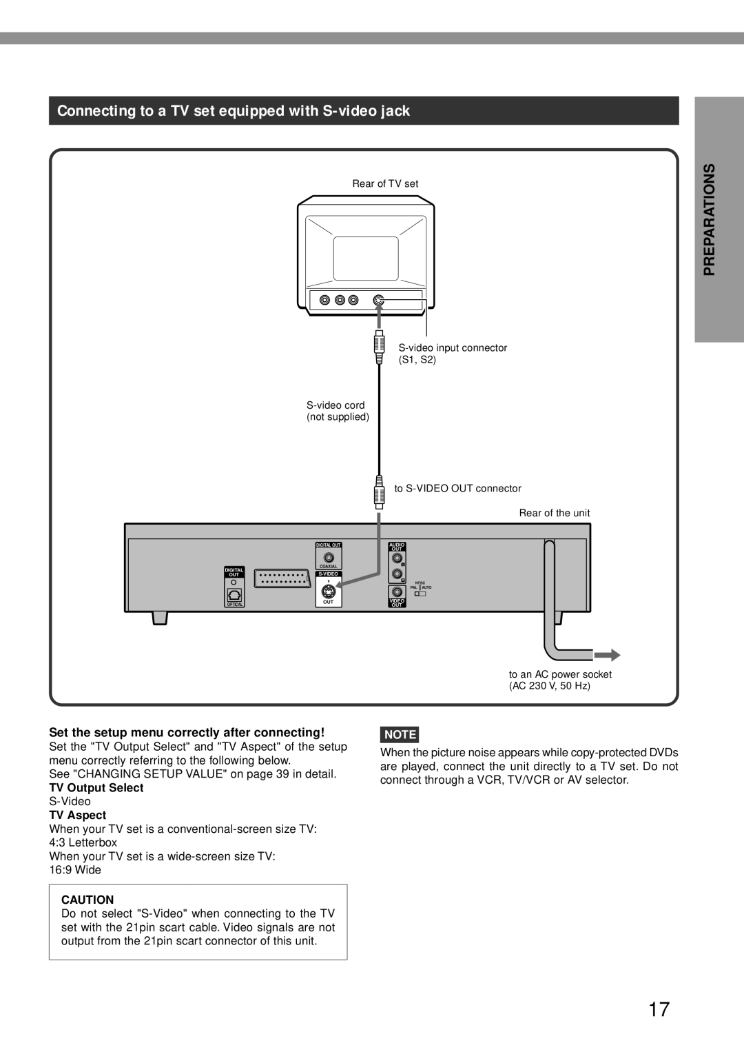 Aiwa XD-DV370 operating instructions Connecting to a TV set equipped with S-video jack, TV Output Select 